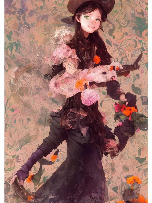 Image similar to Full shot of a cute mischievous young witch about to get up to some trouble with her playful snake familiar. Latin American fashion. Floral patterns. Black and Orange palette. Magic. Latina girl. brown skin. defined facial features, symmetrical facial features. Smiling. By Ruan Jia and Artgerm and Range Murata and WLOP and Ross Tran and William-Adolphe Bouguereau. Key Art. Fantasy Illustration. award winning, Artstation, intricate details, realistic, Hyperdetailed, 8k resolution.