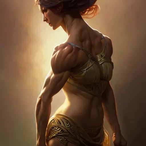 Image similar to , muscular upper body, D&D, fantasy, intricate, elegant, highly detailed, digital painting, artstation, concept art, smooth, sharp focus, illustration, art by artgerm and greg rutkowski and alphonse mucha