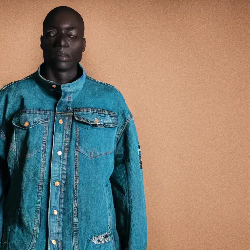 Image similar to an award - winning closeup editorial photo of a male model wearing a teal distressed baggy medieval denim menswear jacket by alexander mcqueen, 4 k, studio lighting, wide angle lens