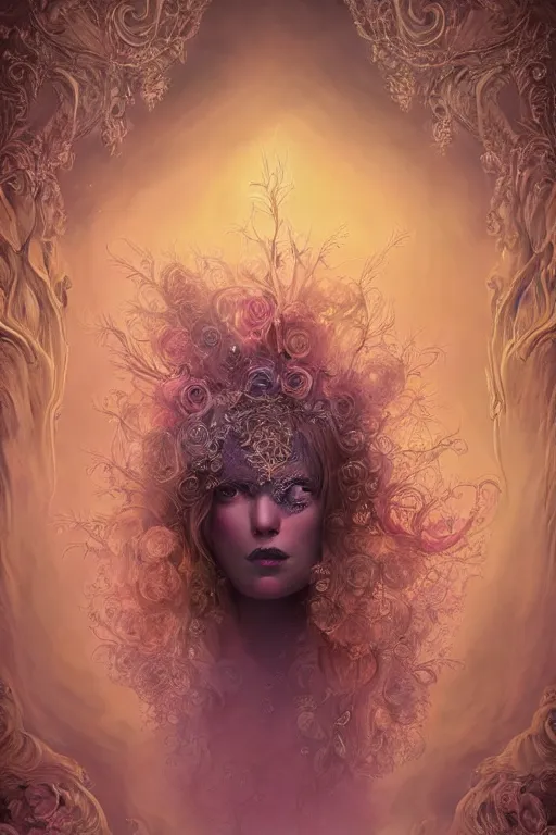 Image similar to elaborately hyperdetailed illustration of an extremely beautiful regal witch, eerie mist and ethereal pink bubbles, Aetherpunk, atmospheric lighting, high fantasy professionally painted digital art painting, smooth, sharp focus, highly detailed illustration highlights, backlight, golden ratio, 8K detail post-processing, symmetrical facial features, rich deep moody colors, award winning picture, Daily Deviation on DeviantArt, trending on cgsociety, featured on ArtstationHQ, very coherent symmetrical artwork, concept art