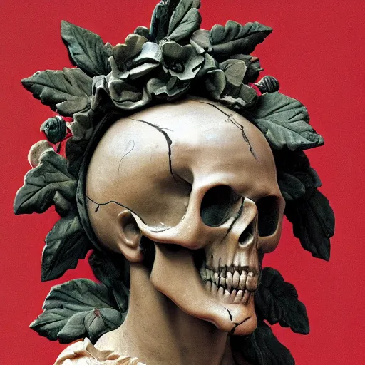 Image similar to a man in the form of a Greek sculpture with a mask in the form of a skull and wreath of flowers skulls in hands dressed in a biomechanical dress, red white and gold color scheme, baroque, by Michelangelo