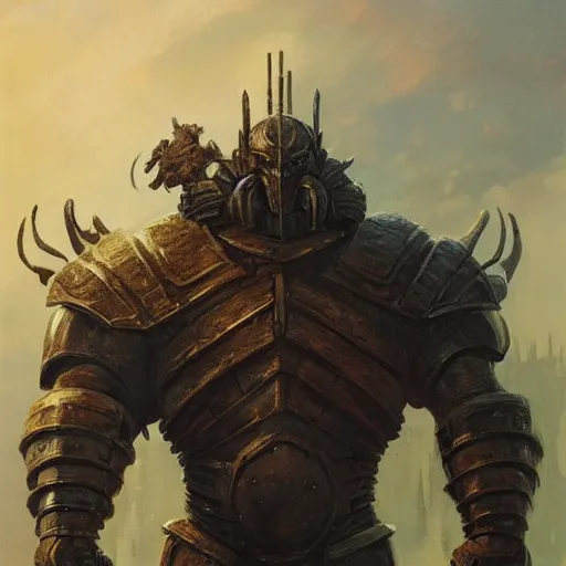 Image similar to head and shoulders portrait of an armored fire giant, d & d, fantasy, greg rutkowski, frank frazetta, alexandre chaudret, boris vallejo, michael whelan, miro petrov, hr giger, magali villeneuve, donato giancola