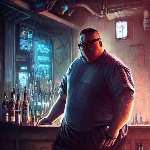 Prompt: portrait of an overweight cyberpunk barkeeper with a prosthetic arm, badass, neuromancer, bar background, painted by greg rutkowski, painted by igor kieryluk, high detail, dramatic light, digital art, trending on artstation