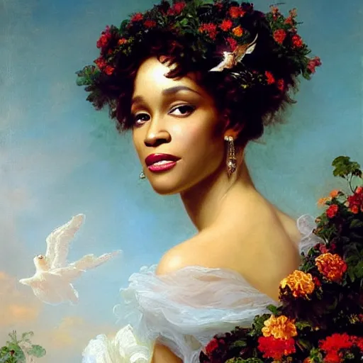 Image similar to Whitney Houston Goddess portrait, wings, luxuriant, dreamy, eternity, romantic, detailed intricate elegant, in the style of Franz Xaver Winterhalter, highly detailed, in the style of Aetherpunk