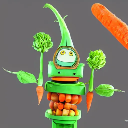 Image similar to robot made of vegetables, tomato head and a carrot sword, made in abyss style