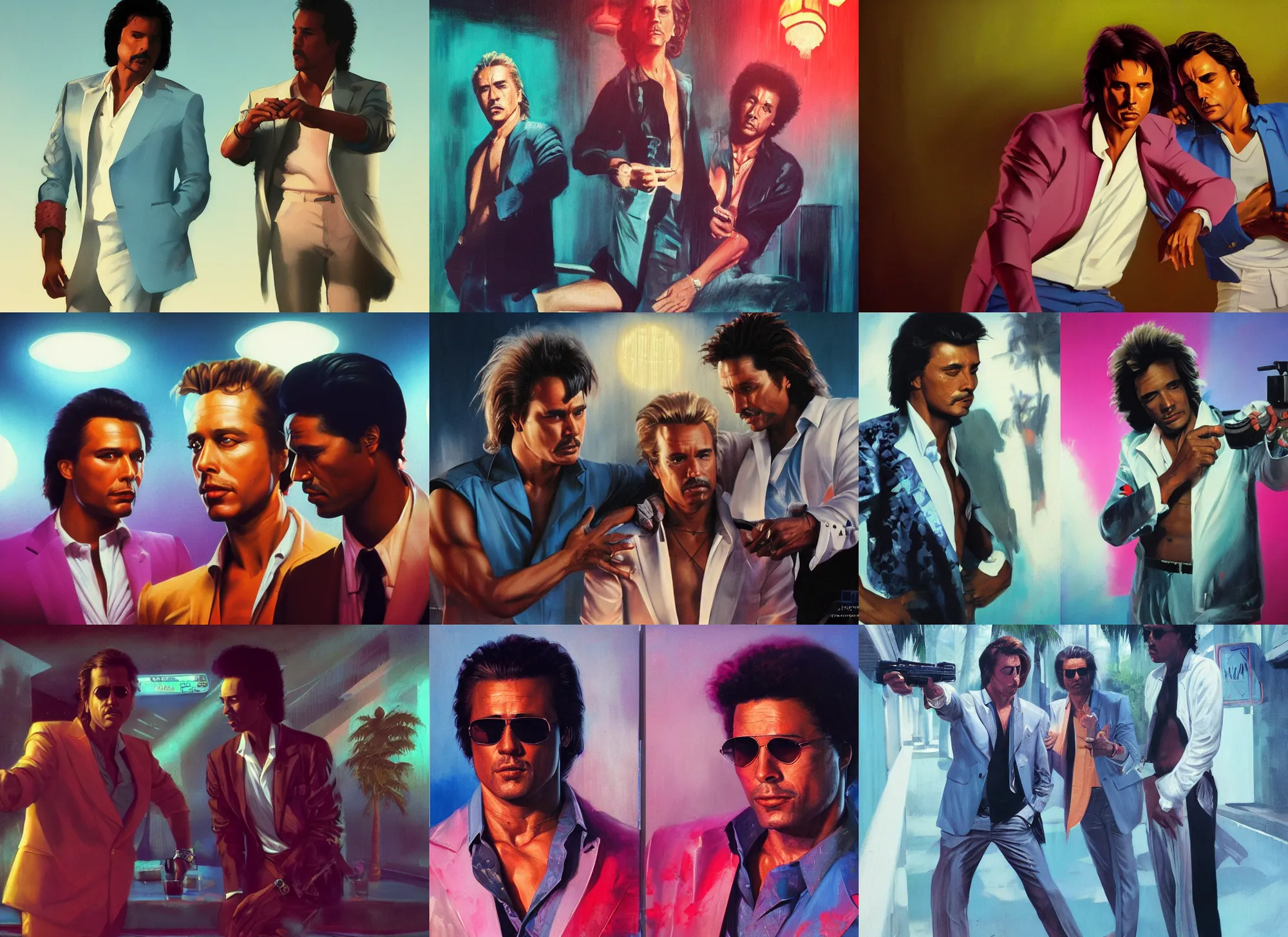 Image similar to a portrait painting of eighties miami vice, night club, don johnson and philip michael thomas, ultra realistic, highly detailed faces, true life, 8 k, masterpiece, cinematic, by frank frazetta, greg rutkowski, yoko taro, christian macnevin, beeple, wlop, krenz cushart, epic character art, volumetric lighting