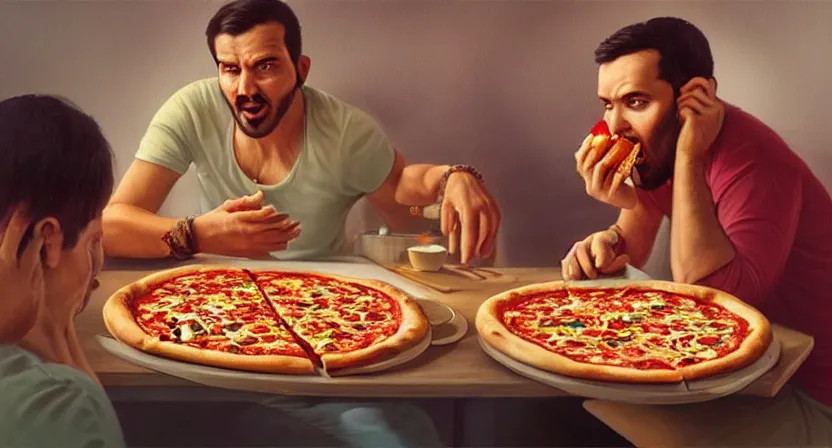 Image similar to people eating pizza. art by salman toor. faithfully depicted facial expression, perfect anatomy, sharp focus, global illumination, radiant light, detailed and intricate environment, trending on artstation