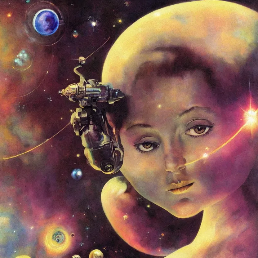 Prompt: close - up portrait painting of a beautiful weightless alien woman with big eyes in space, by frank frazetta and norman rockwell. glowing bubbles. muted colors, soft gradients. dark background. trending on artstation. retrofuturism.