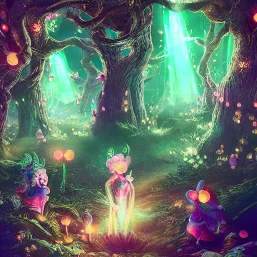 Image similar to beautiful glowing pixies in a fantasy forest