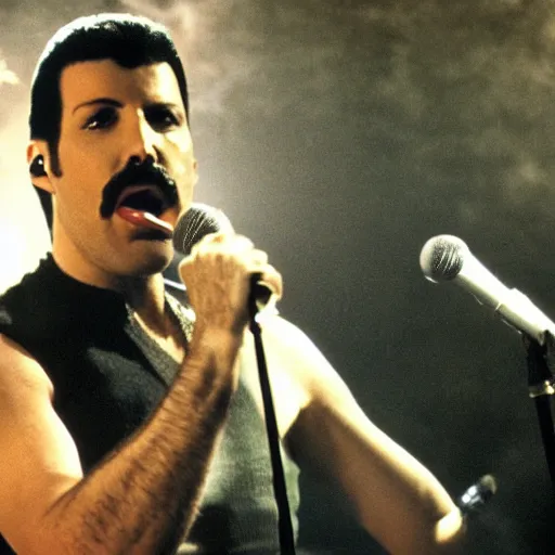 Prompt: Freddy mercury singing about time, with a dystopic background