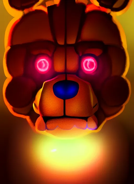 Image similar to portrait of freddy fazbear, glowing lights, highly detailed, digital painting, artstation, concept art, sharp focus, illustration