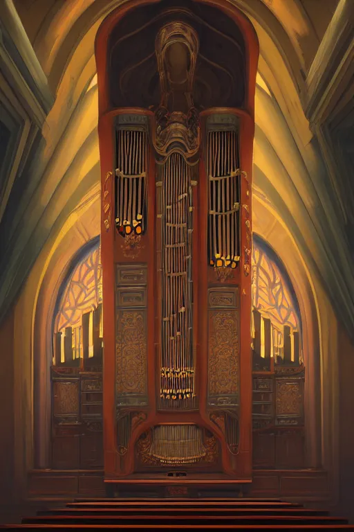 Prompt: painting of a pipe organ in front of a dimensional portal, decorated, intricate, dieselpunk, digital painting, artstation, concept art, smooth, sharp focus, illustration, art by artgerm and greg rutkowski and alphonse mucha, 8 k