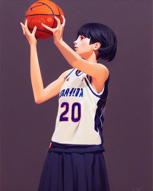 Image similar to A ultradetailed beautiful panting of a stylish girl wearing a basketball jersey, she is holding a basketball, Oil painting, by Ilya Kuvshinov, Greg Rutkowski and Makoto Shinkai