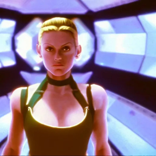 Prompt: Still of Cammy from Street Fighter in the movie 2001 A Space Odyssey, inside the spaceship, cinematic lighting, 4k