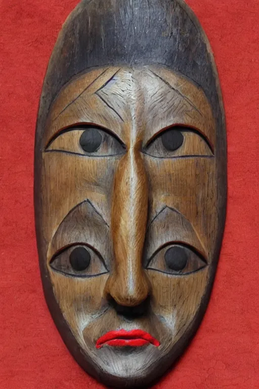 Image similar to a flat carved wooden elf mask face, staring eyes, vividly coloured, highly detailed, vintage european folk art, colour photograph