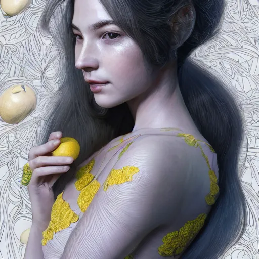 Image similar to the portrait of an absurdly beautiful, graceful, elegant, sophisticated, young teen girl made up of lemons looking up, an ultrafine hyperdetailed illustration by kim jung gi, irakli nadar, intricate linework, bright colors, octopath traveler, final fantasy, unreal engine 5 highly rendered, global illumination, radiant light, detailed and intricate environment