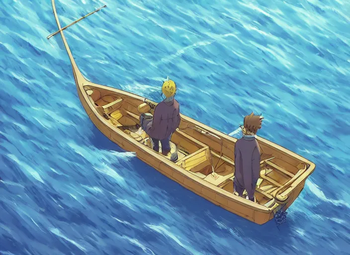 Image similar to anime three - point perspective illustration of a man fishing on a row boat in the middle of the ocean, by kim jung gi, paul heaston, makoto shinkai, simon stalenhag, greg rutkowski, hayao miyazaki, by studio ghibli. digital art, panaromic view, wide angle shot, trending on art station, cinematic, fish eye