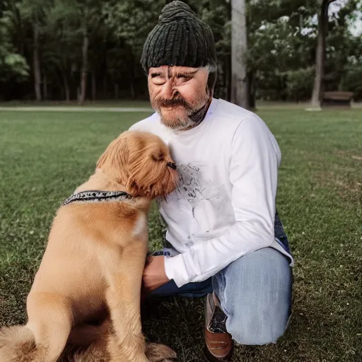 Prompt: the most chad man in the world with his dog, portrait photography