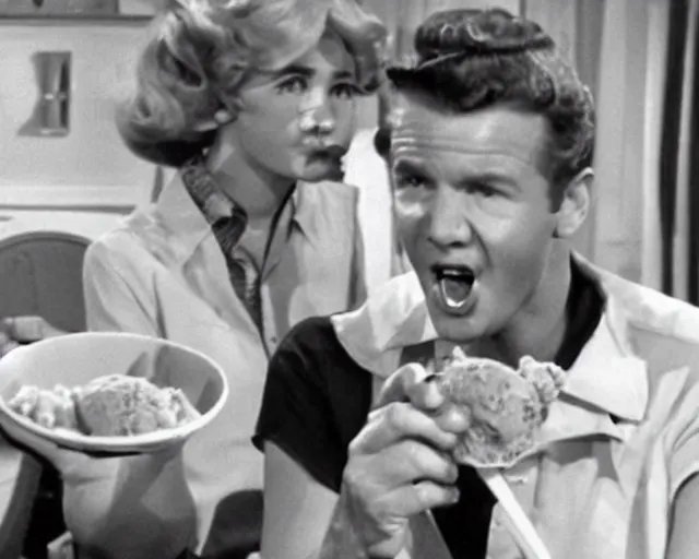 Prompt: Wally Cleaver eating an icecream taco on Leave It To Beaver, black and white television still