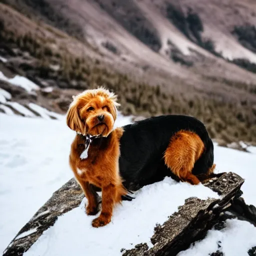 Image similar to a dog on the top of a snow mountain