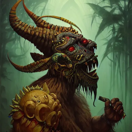 Image similar to side profile of barong family member, wiwek, mara demon, one single tribe member, jungle, one single mask, dark, ancient warrior, gorilla, lizard, tribal, inner glow, paint by peter mohrbacher