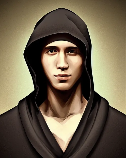 Image similar to digital art portrait of a young man in dark robes, hooded, made by WLOP, WLOP