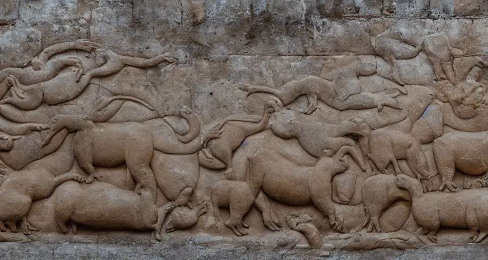 Prompt: Stone bas-relief of majestic Capybaras, on wall of Sri Dalada Maligawa Kandy, Sri Lanka