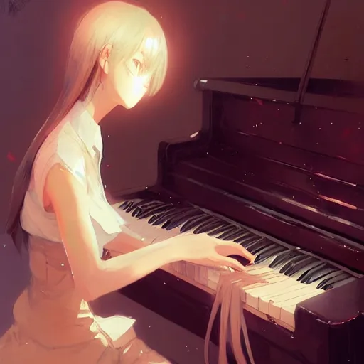 Image similar to anime girl Playing the Piano instrument , digital Art, Greg rutkowski, Trending cinematographic artstation