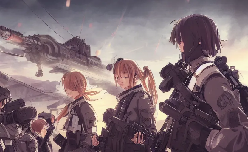 Image similar to anime style, modern warfare, panoramic view, searchlights in background, soldier clothing, hair down, real faces, symmetrical facial features, from arknights, hyper realistic, wallpaper, detailed drawing, trending pixiv, safebooru, d & d, realistic lighting, by alphonse mucha, greg rutkowski, sharp focus, backlit, mechanized transport