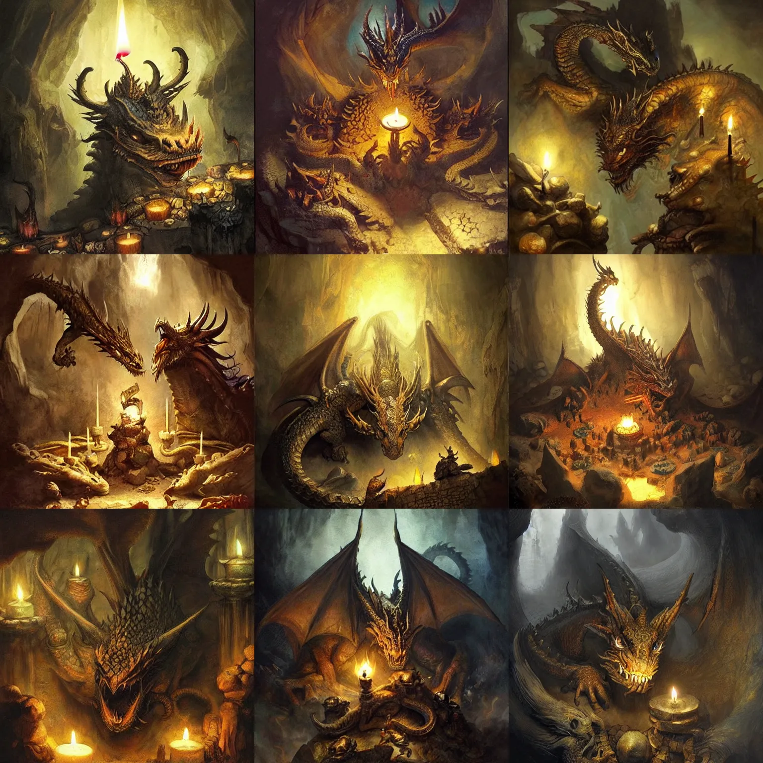 Prompt: a dragon with 7 heads is guarding a pile of treasures!! in a mythical cave, legendary, atmospheric, gritty, realistic, candle light, fantasy concept art by Rembrandt and Da Vinci, Tolkien and michael komarck