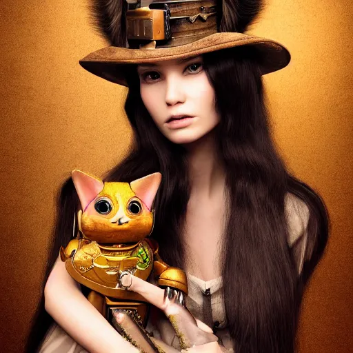 Image similar to a portrait beautiful steampunk woman and her cute robot cat standing beside her by mario testino, long hair, aged 2 5, slovenian, wearing a travel hat, photo realistic, real life, octane render, trending on artstation