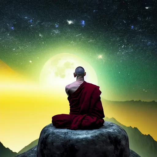 Image similar to high definition render of a monk on top of a mountain, full moon, milky way, galaxy, buddhism, 8 k, symbolic, intricate, detailed, raytracing