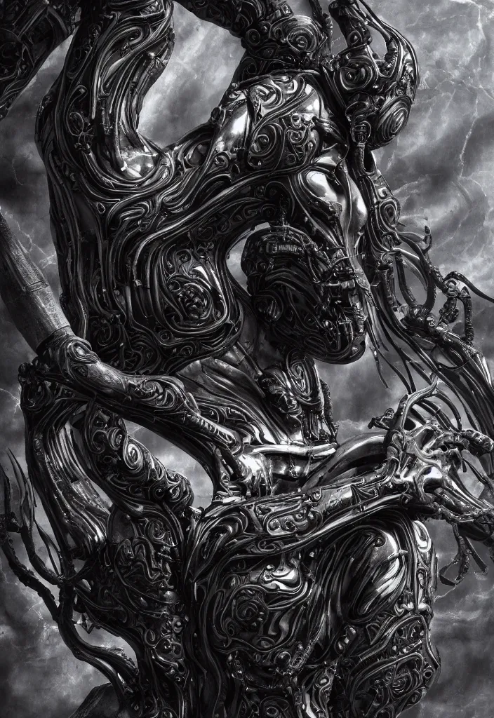 Image similar to engineer prometheus, xenomorph alien, highly detailed, symmetrical long head, smooth marble surfaces, detailed ink illustration, raiden metal gear, cinematic smooth stone, deep aesthetic, concept art, post process, 4k, carved marble texture and silk cloth, latex skin, highly ornate intricate details, prometheus, evil, moody lighting, hr geiger, hayao miyazaki, indsutrial Steampunk