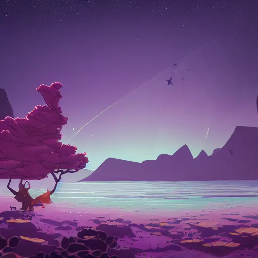 Image similar to sea under starry sky with reefs, light purple tones, animated film, stylised, illustration,, fantasy art, 2 d game art, by eyvind earle, scott wills, genndy tartakovski, roman shipunov, etienne hebinger, atey ghailan, cgsociety, cynical realism