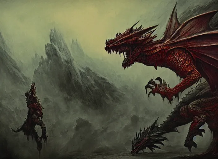 Image similar to dragon concept, dragon body, dragon head, monster hunter monster, brent hollowell, beksinski