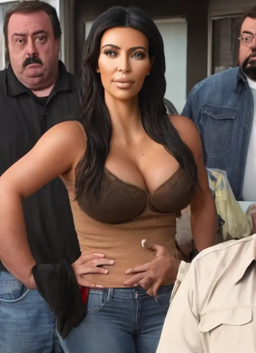 Prompt: film still of kim kardashian as a guest in trailer park boys,