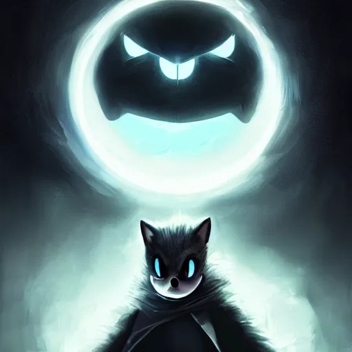 Image similar to portrait of sonic the hedgehog in a black cloak, glowing eyes, detailed face, highly detailed, cinematic lighting, digital art painting by greg rutkowski.