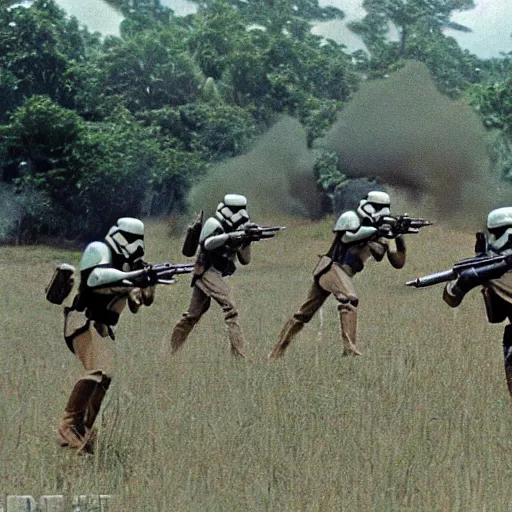 Image similar to star wars clone troopers combat soldiers in vietnam, photo, old picture, lush landscape, jungle, firearms, explosions, helicopters, aerial combat, active battle zone, flamethrower, air support, jedi, land mines, gunfire, violent, star destroyers, star wars lasers, sci - fi, jetpacks, agent orange, bomber planes, smoke, trench warfare