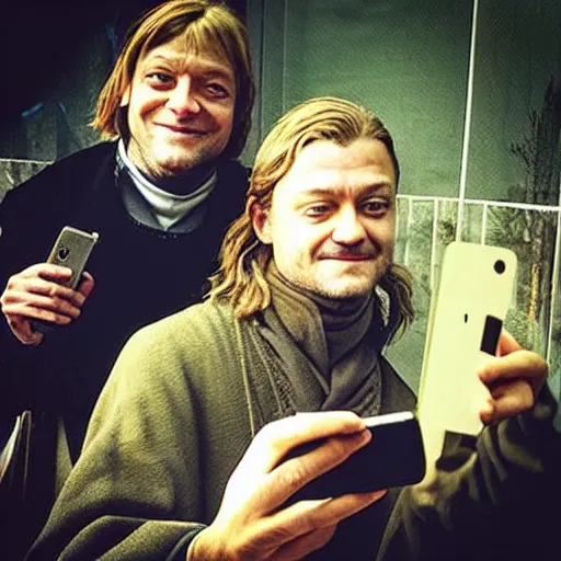 Image similar to “Joffrey Baratheon, taking a selfie with Ned Stark”