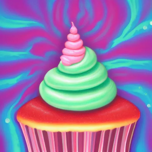 Image similar to a cupcake with purple frosting and pink sprinkles, a pastel by Lisa Frank, trending on cgsociety, rasquache, biomorphic, trypophobia, lovecraftian