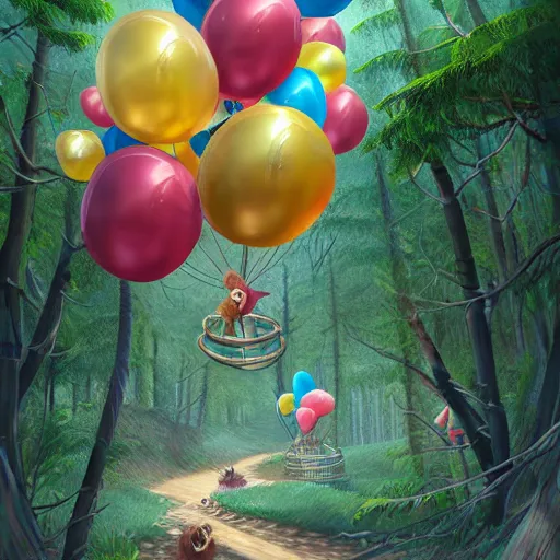 Image similar to lion run through the forest and see a birthday ribbons and balloons , concept art, huge scale, high details by Evgeniy Antonenkov