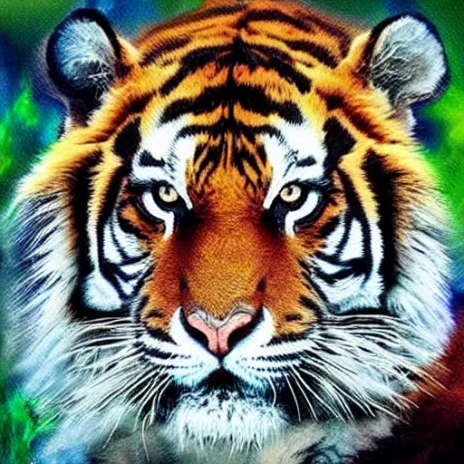 Image similar to bob ross mixed with a tiger