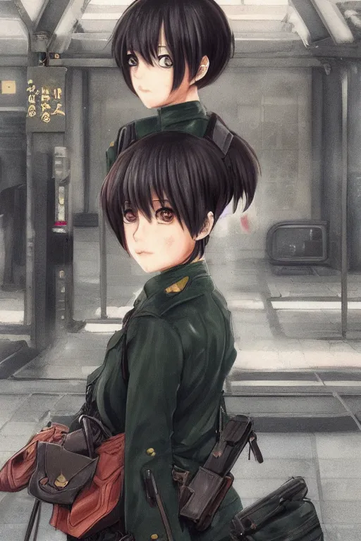 Image similar to anime girl with short black hair wearing military clothes at a train station in japan, aesthetic, wlop, digital painting, trending on artstation, highly detailed, epic composition, 8 k uhd