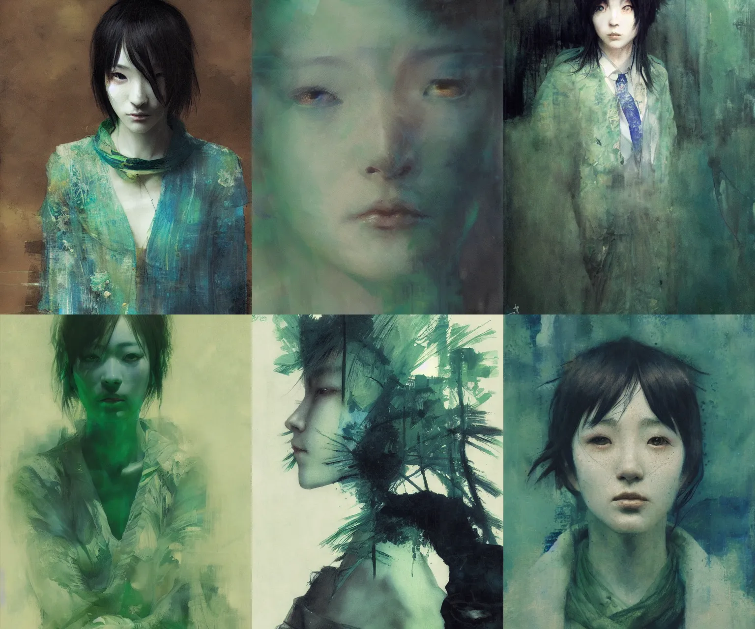 Prompt: portrait of lain iwakura, atmospheric, green and blue tones, by yoshitoshi abe, ruan jia and joao ruas
