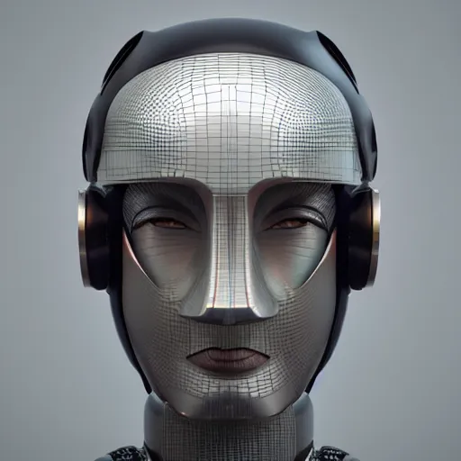 Image similar to an amazing robot-helmet, robotic head-bust portrait, of a sci-fi, human robot hybrid with weaponized systems built into the 3d helmet, cgi, zbrush, blender, octane render