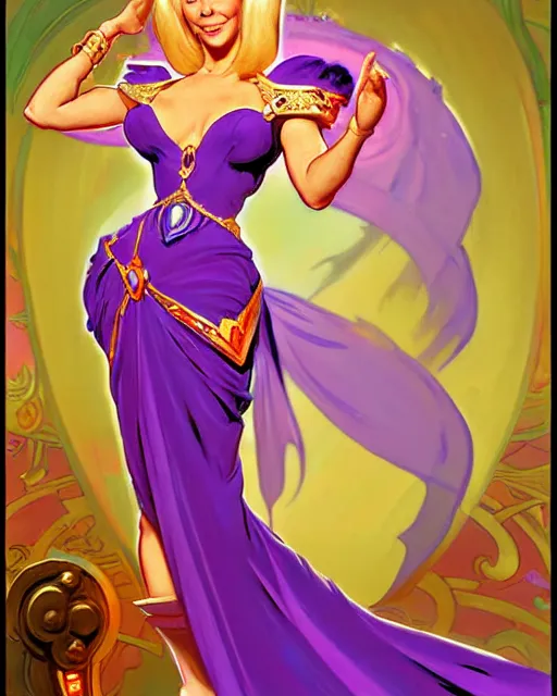 Image similar to barbara eden's jeannie as the genie of ai artwork, comic cover painting, masterpiece artstation. 8 k, sharp high quality artwork in style of wayne reynolds, alphonse mucha, arthur adams, greg rutkowski, and don bluth, concept art by jack kirby, blizzard warcraft artwork, hearthstone card game artwork