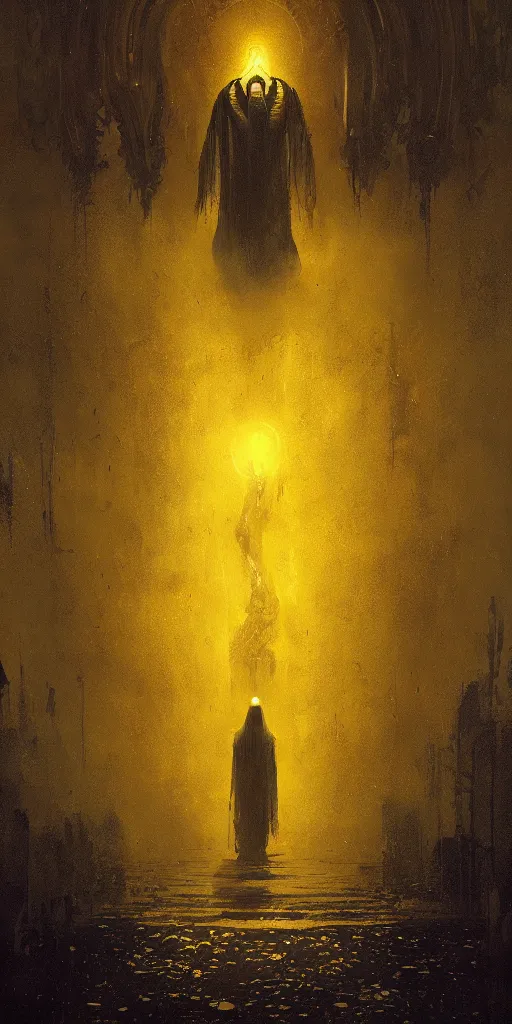 Image similar to the king in yellow, artstation, detailed, dark fantasy, lovecraftian, digital art, beautiful composition, masterpiece, by Greg Rutkowski