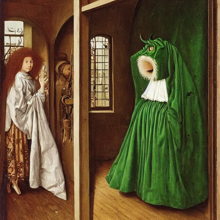 Image similar to a green-horned goblin monster peeks through a window, staring at a woman in a white dress, by Jan van Eyck