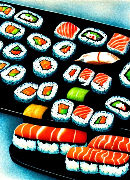 Image similar to clear photorealistic picture of disproportionate sushi, by salvador dali