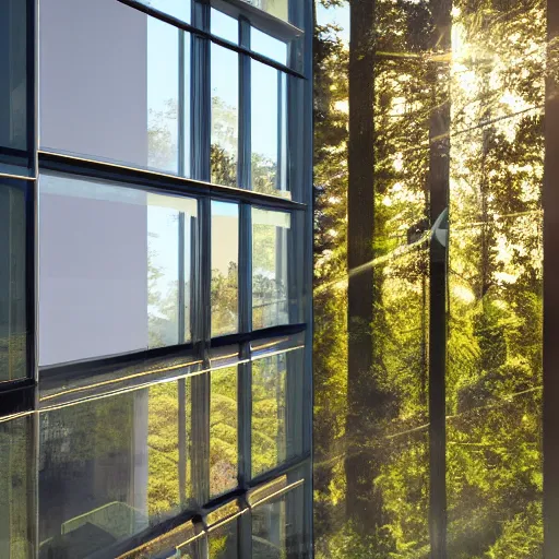 Prompt: modern architecture in a forest, large glass windows, golden hour, ray tracing reflection, 8k, hyper realistic